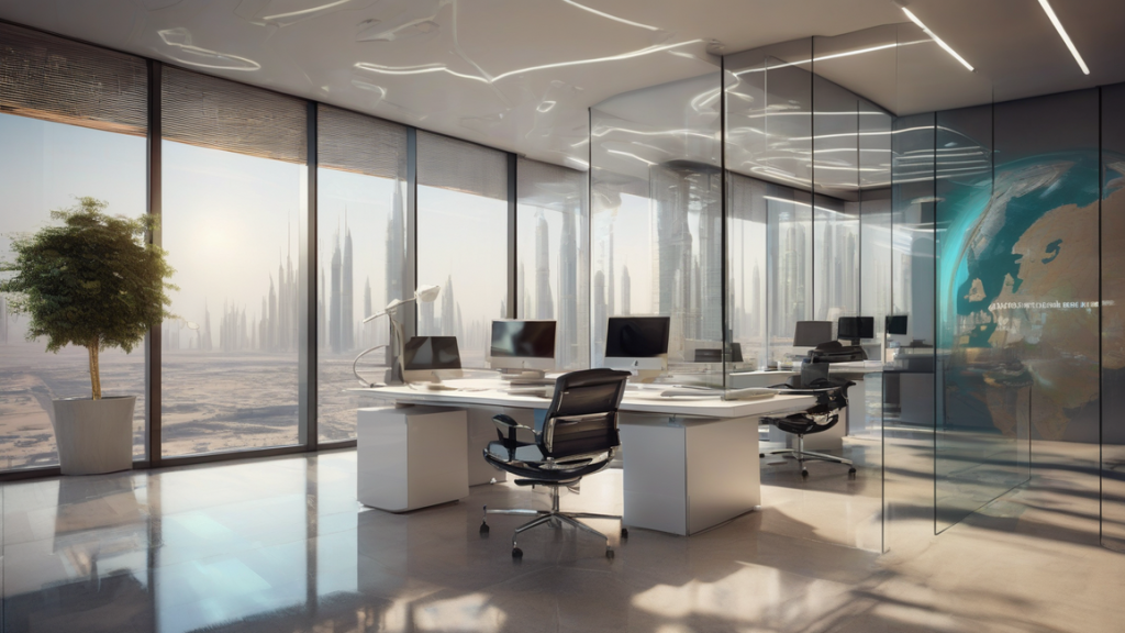 Professional website design interface projected in a modern Dubai office, symbolizing digital solutions for UAE small businesses.