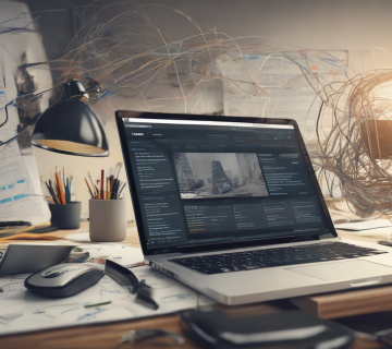 Split image showing the contrast between a chaotic DIY website design setup and a clean, professional website design process.