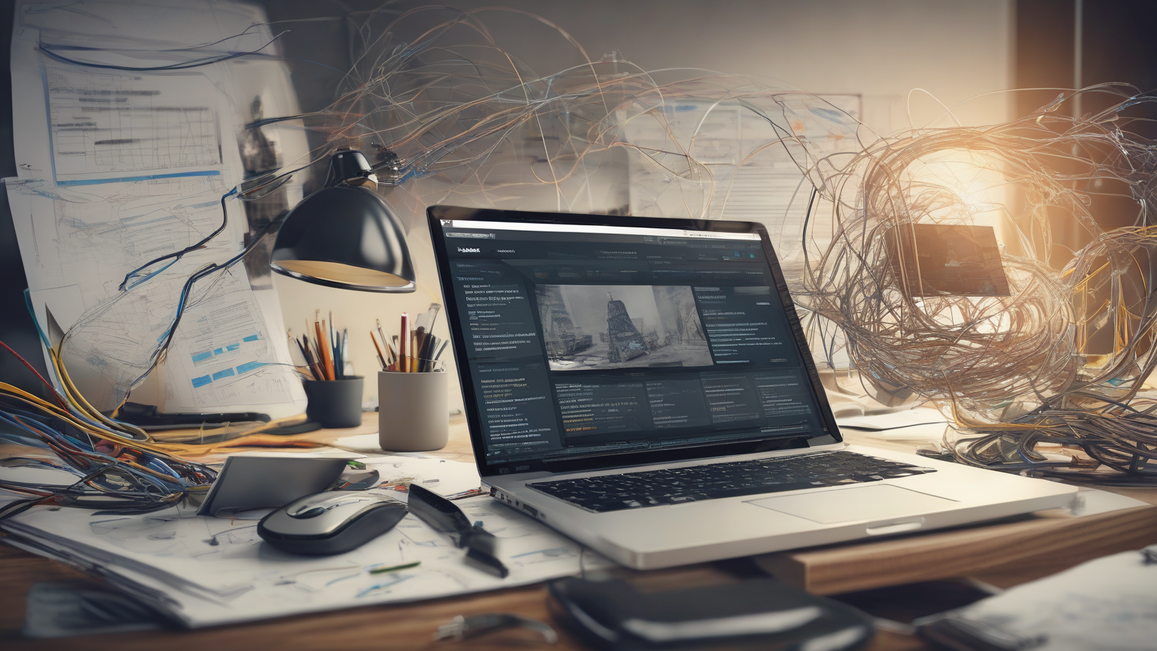 Split image showing the contrast between a chaotic DIY website design setup and a clean, professional website design process.